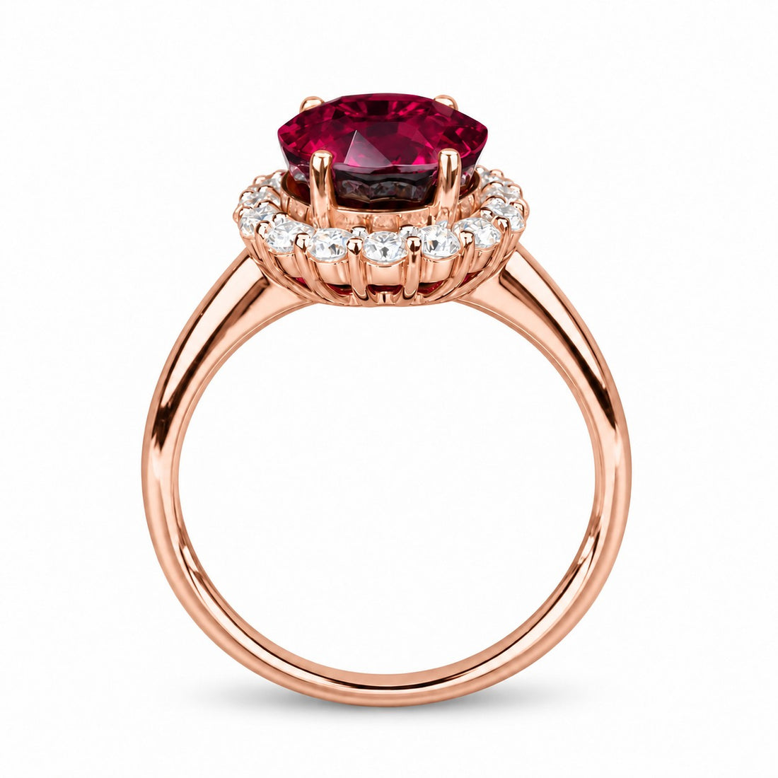 Oval Lab Ruby Diamond Halo Ring — 8x10mm in rose gold, profile view