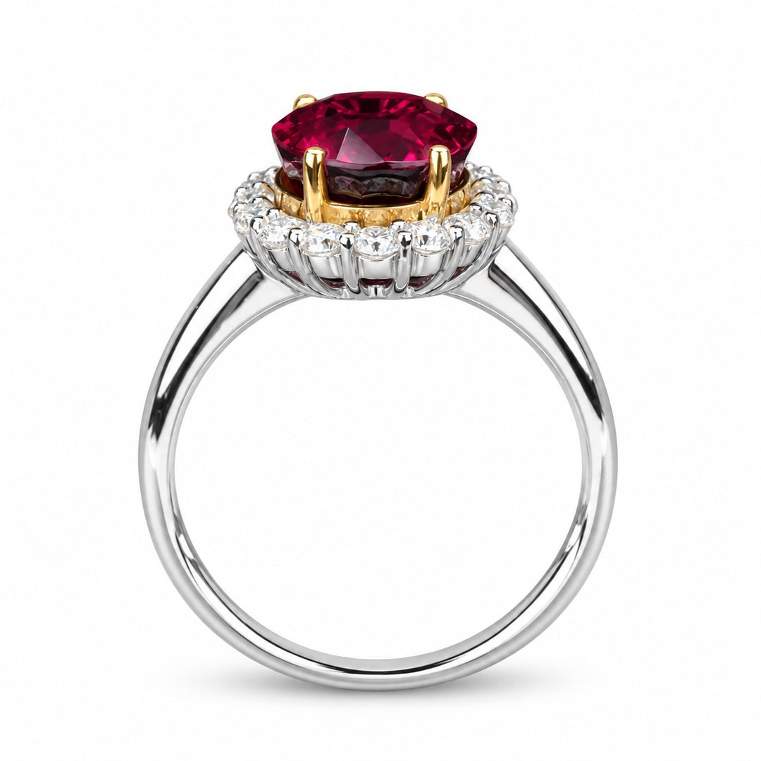 Oval Lab Ruby Diamond Halo Ring — 8x10mm in white gold, profile view