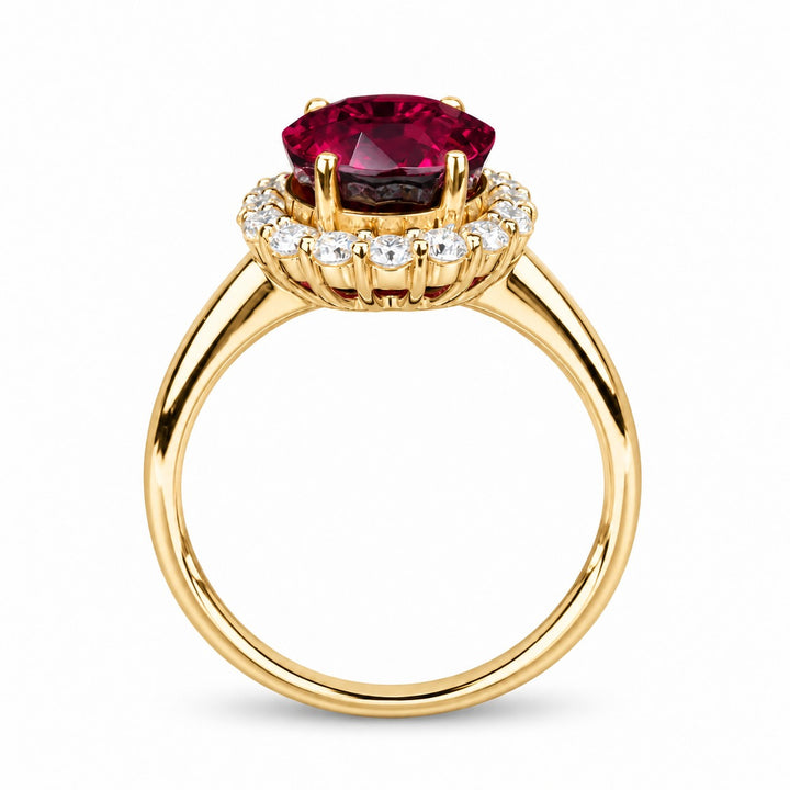 Oval Lab Ruby Diamond Halo Ring — 8x10mm in yellow gold, profile view