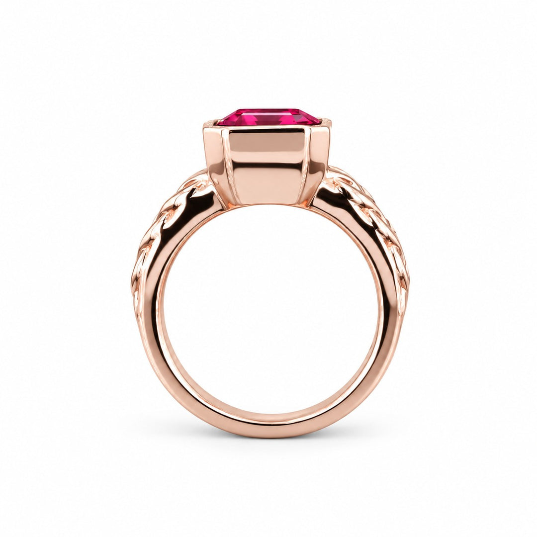 Emerald-Cut Lab Ruby Bezel Ring with Patterned Band — 8x10mm in rose gold, profile view