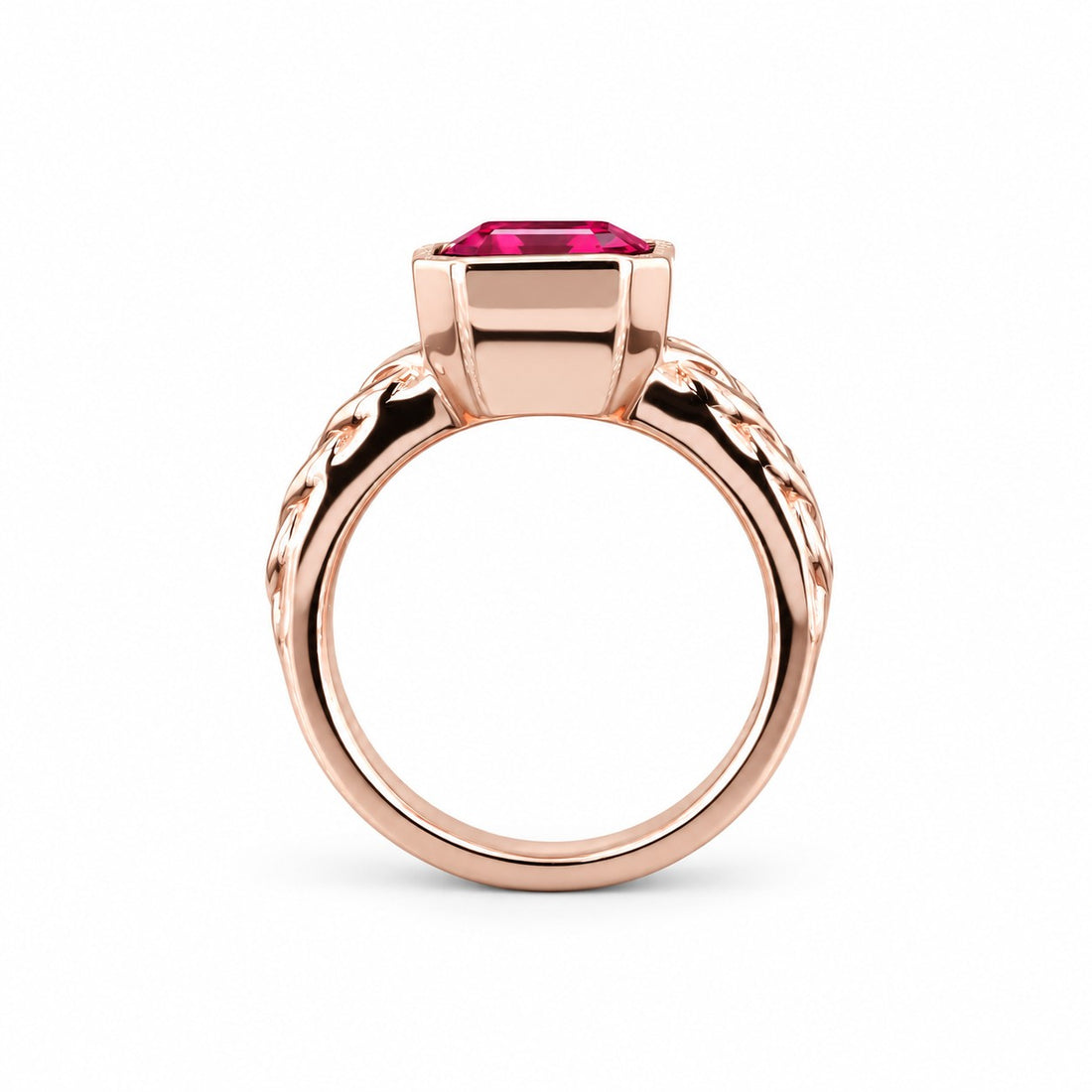 Emerald-Cut Lab Ruby Bezel Ring with Patterned Band — 8x10mm in rose gold, profile view