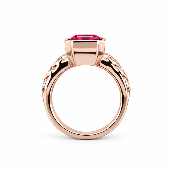Emerald-Cut Lab Ruby Bezel Ring with Patterned Band — 8x10mm in rose gold, profile view