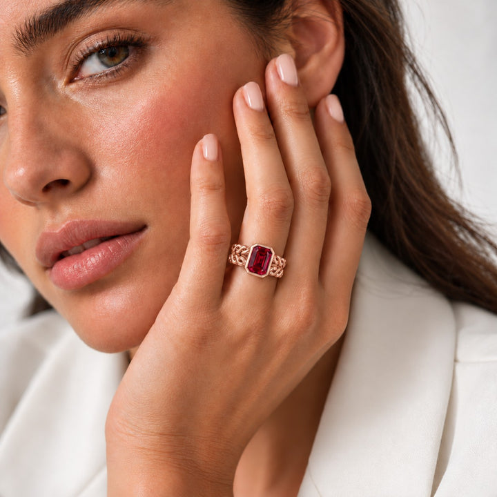 Emerald-Cut Lab Ruby Bezel Ring with Patterned Band — 8x10mm in rose gold, wearing