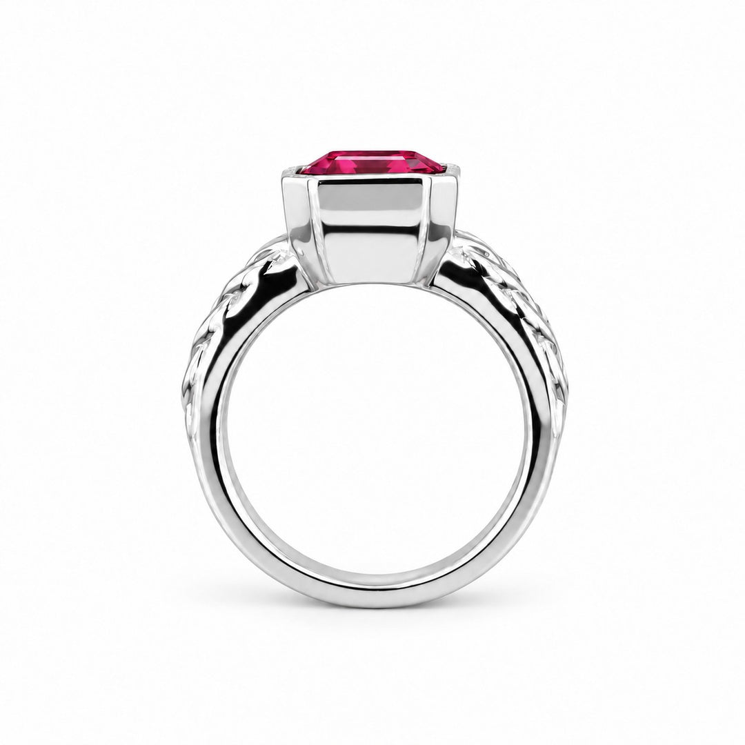 Emerald-Cut Lab Ruby Bezel Ring with Patterned Band — 8x10mm in white gold, profile view