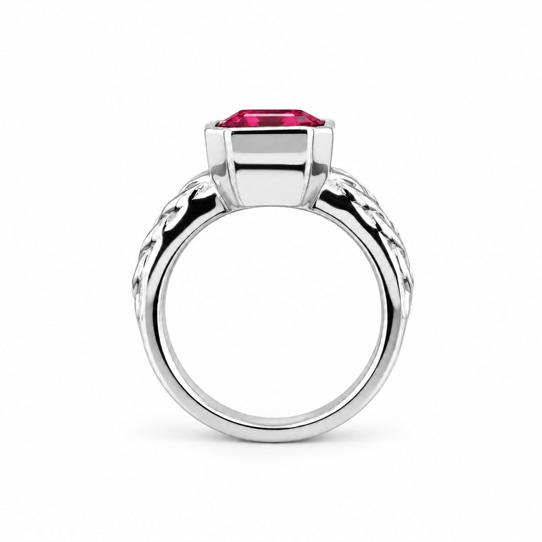 Emerald-Cut Lab Ruby Bezel Ring with Patterned Band — 8x10mm in white gold, profile view