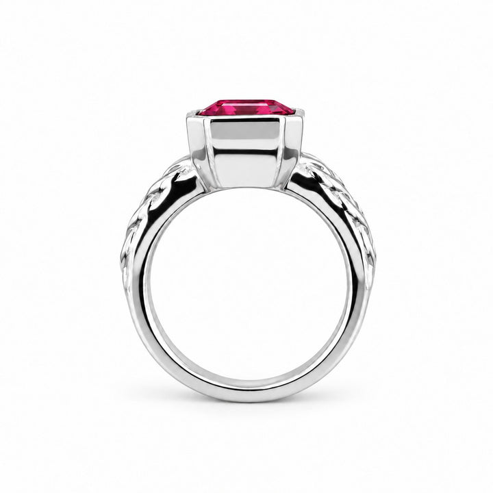 Emerald-Cut Lab Ruby Bezel Ring with Patterned Band — 8x10mm in white gold, profile view