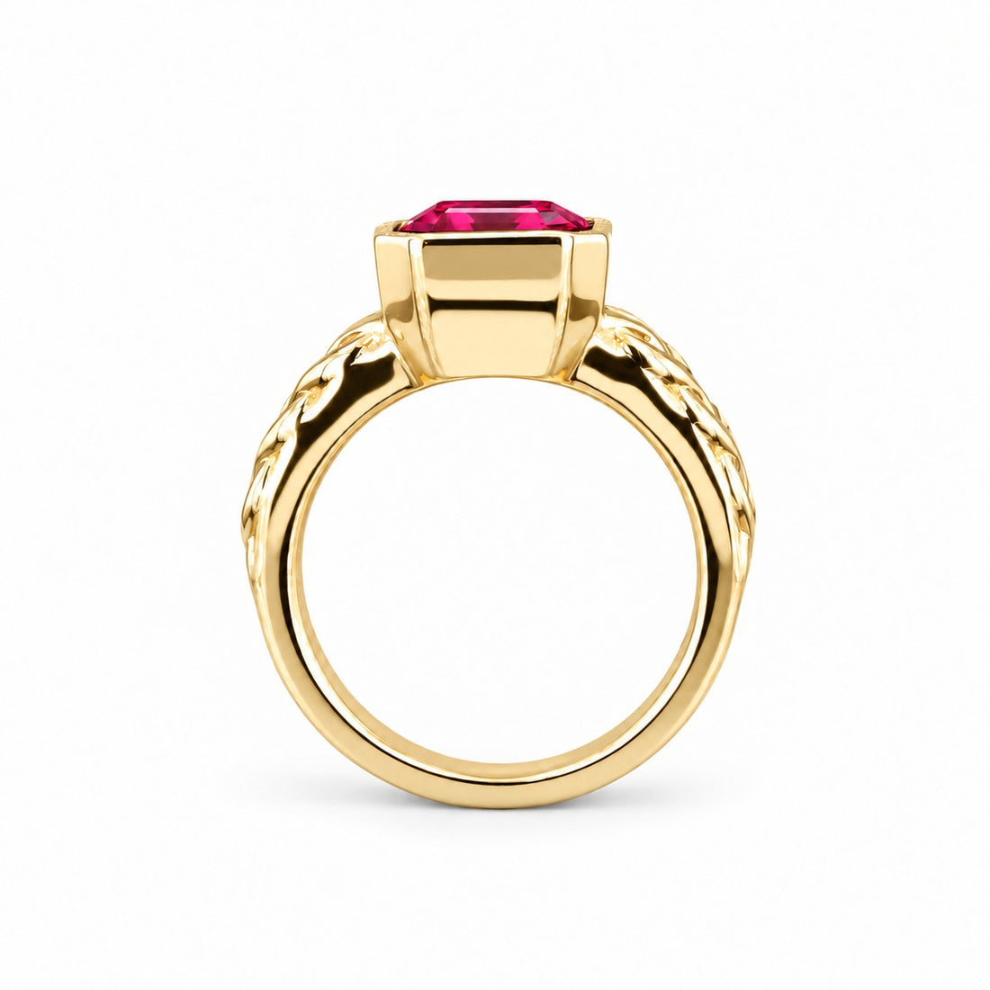 Emerald-Cut Lab Ruby Bezel Ring with Patterned Band — 8x10mm in yellow gold, profile view