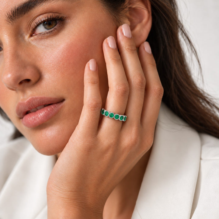 Round Colombian Emerald Bezel-Set Eternity Band (3.2mm, 1.50ctw) in white gold, wearing