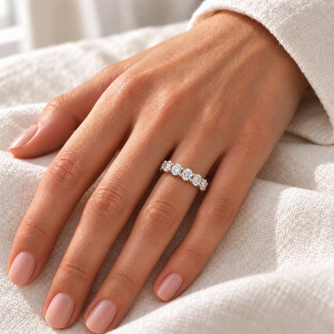 0.75ctw Round Diamond Five-Stone Band (3.5mm) in rose gold, on the hand