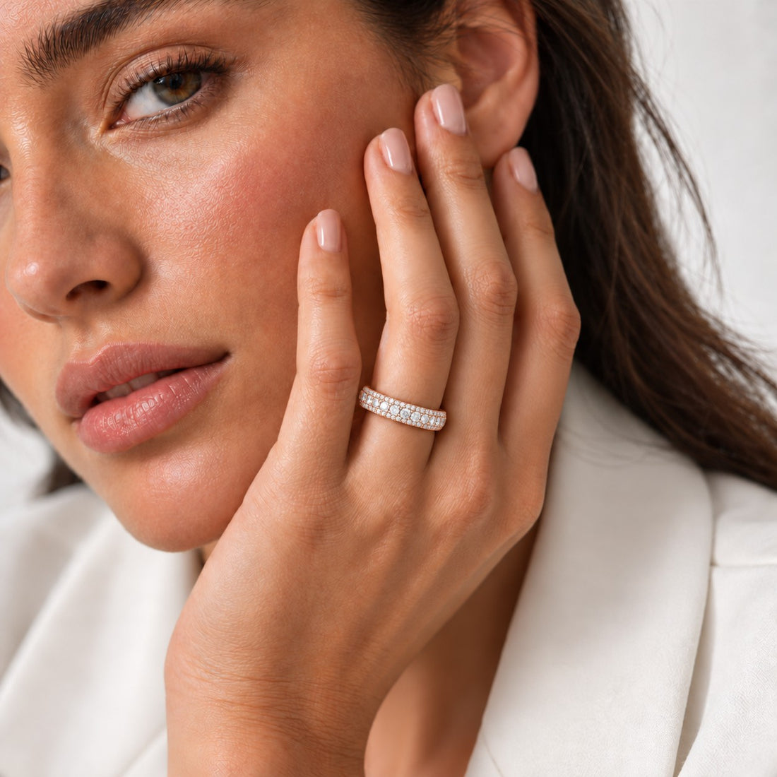 1.20ctw Three-Row Diamond 3/4 Eternity Band (3mm) in rose gold, wearing