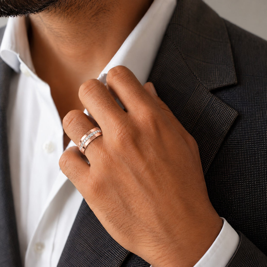 5mm Diamond Accent Band Ring in rose gold, wearing