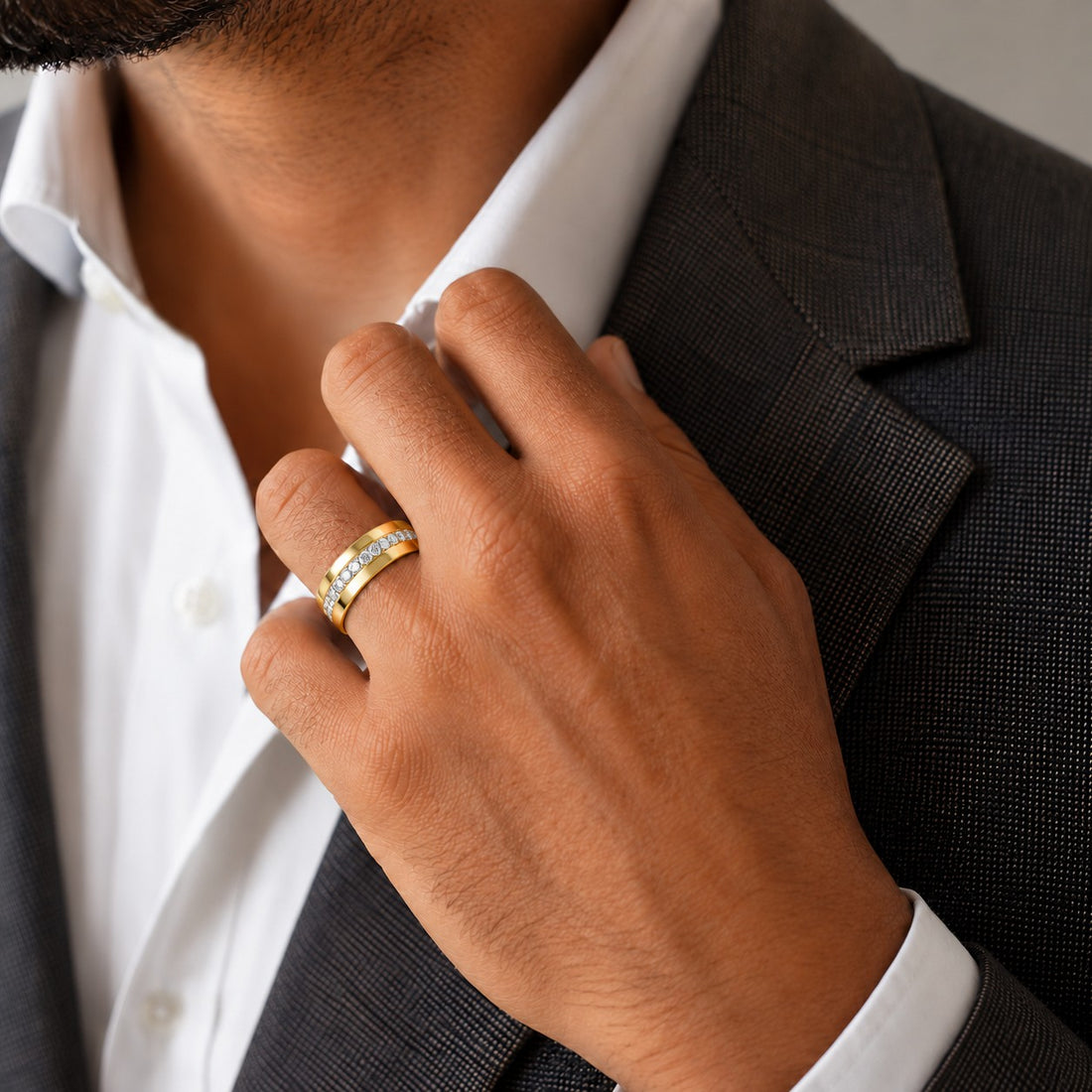 5mm Diamond Accent Band Ring in yellow gold, wearing