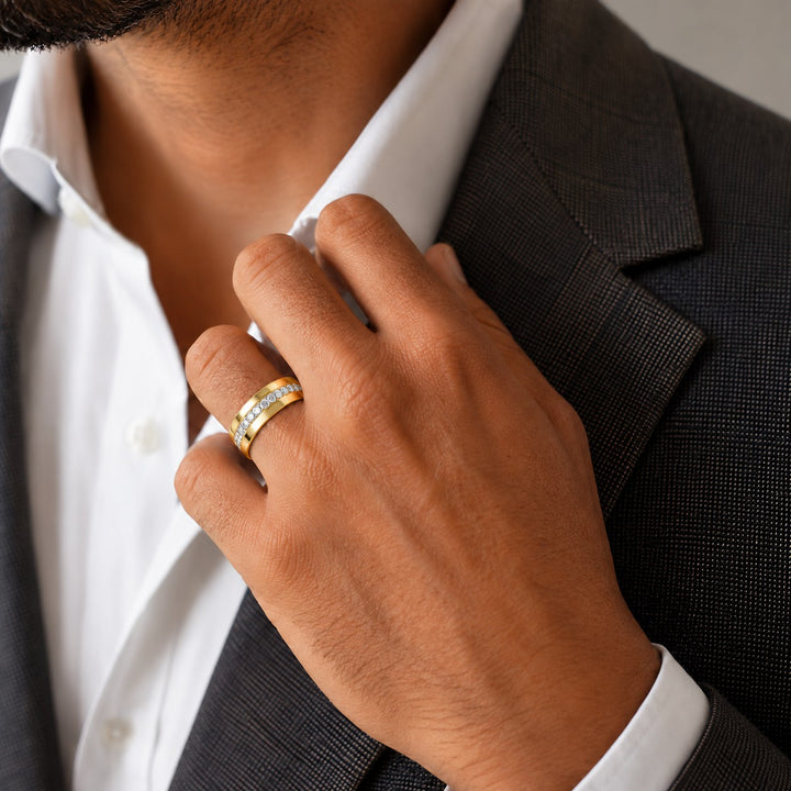 5mm Diamond Accent Band Ring in yellow gold, wearing
