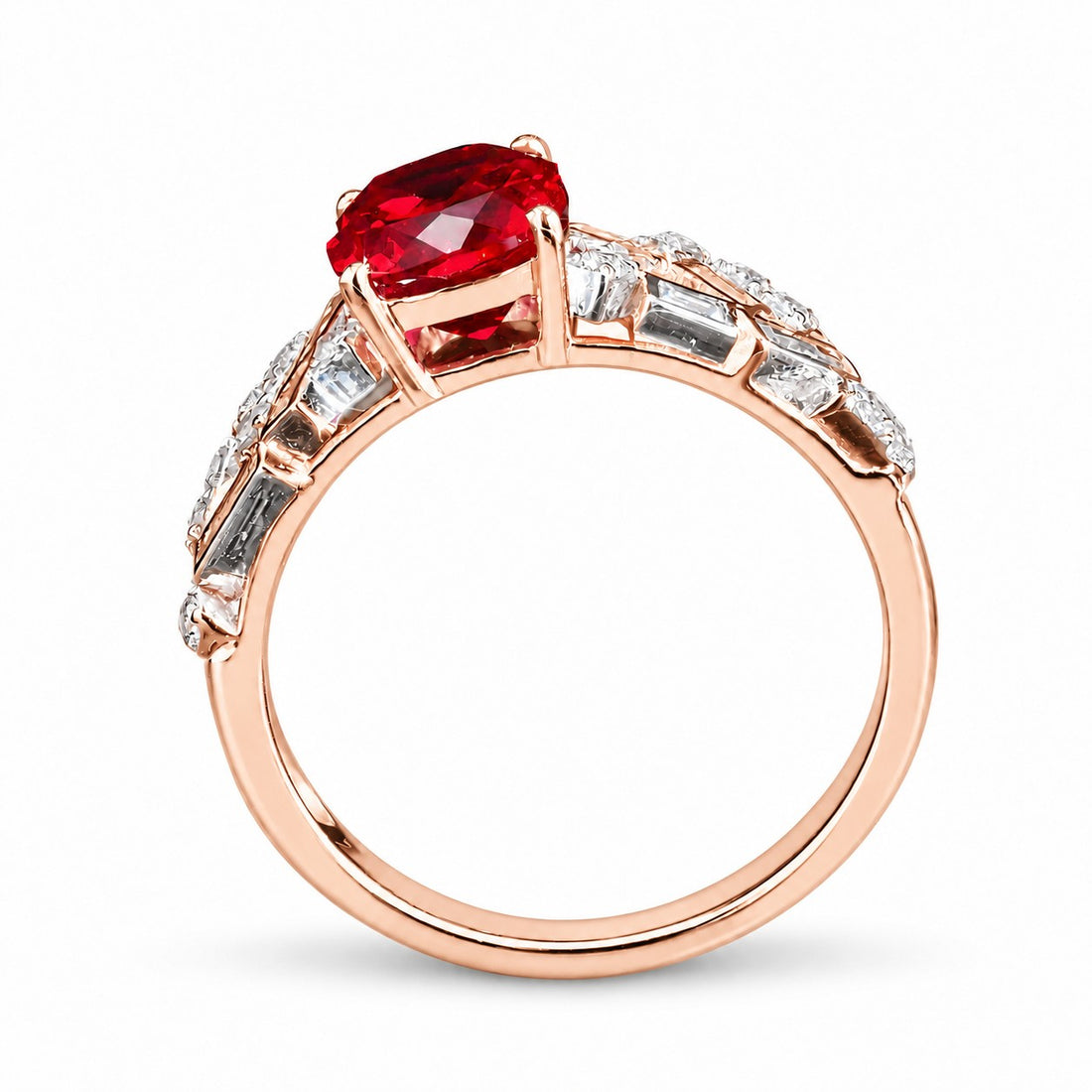 Cushion Lab Ruby Ring with Baguette & Round Diamond Band — 2.75ct in rose gold, profile view