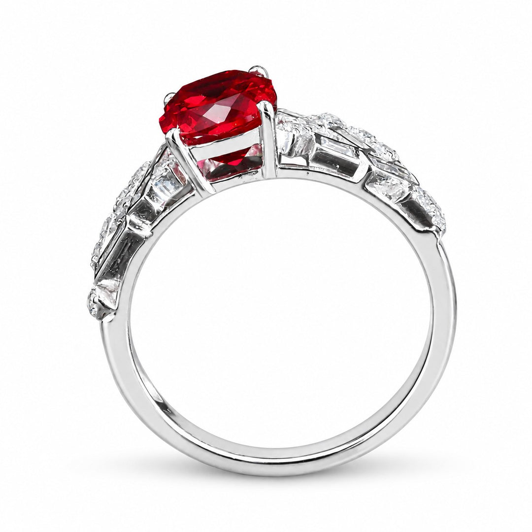 Cushion Lab Ruby Ring with Baguette & Round Diamond Band — 2.75ct in white gold, profile view