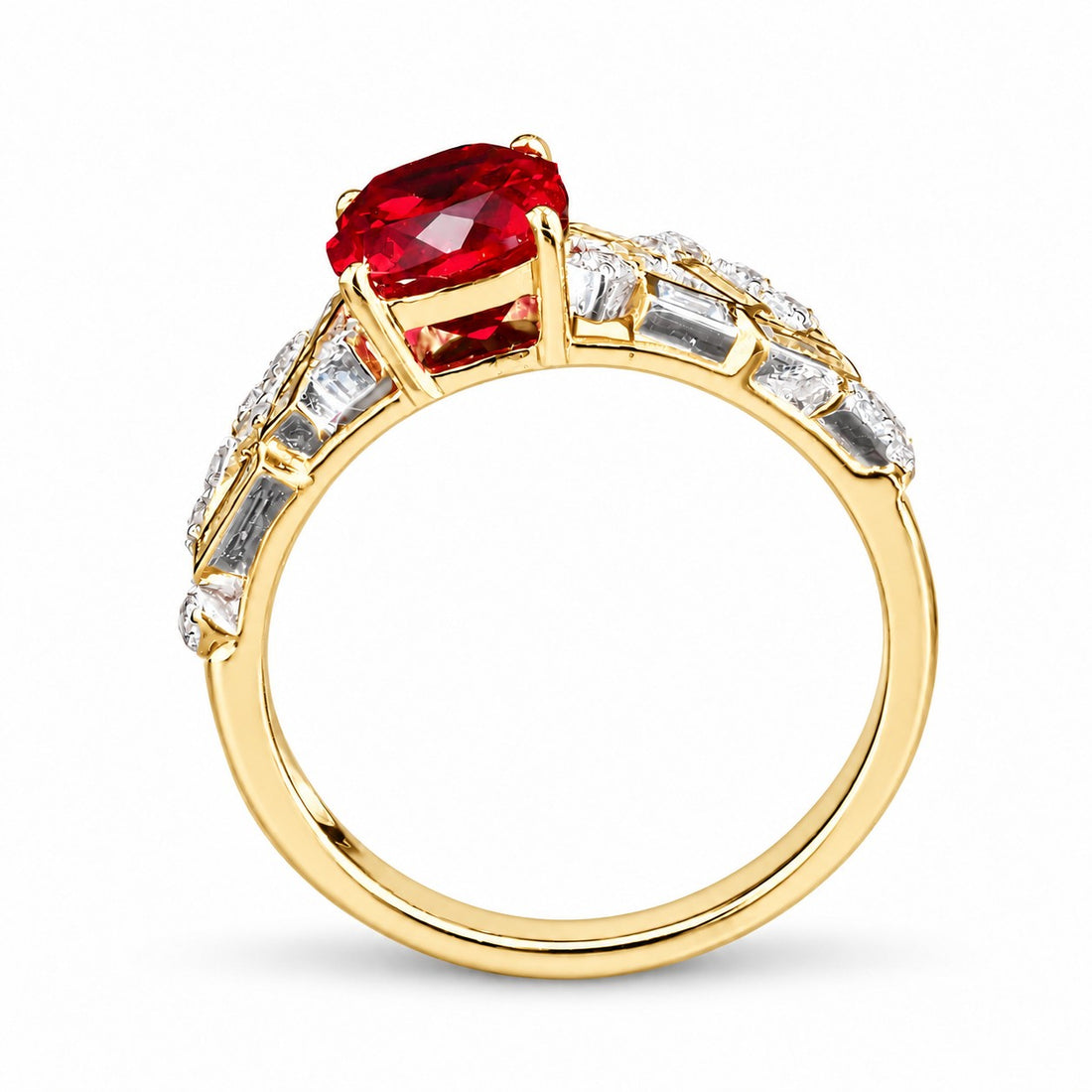 Cushion Lab Ruby Ring with Baguette & Round Diamond Band — 2.75ct in yellow gold, profile view