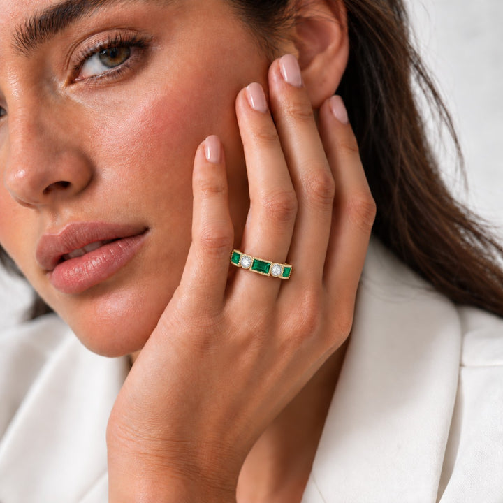 Baguette Colombian Emerald & Diamond Half-Eternity Band (2x5mm, 0.75ctw) in yellow gold, wearing