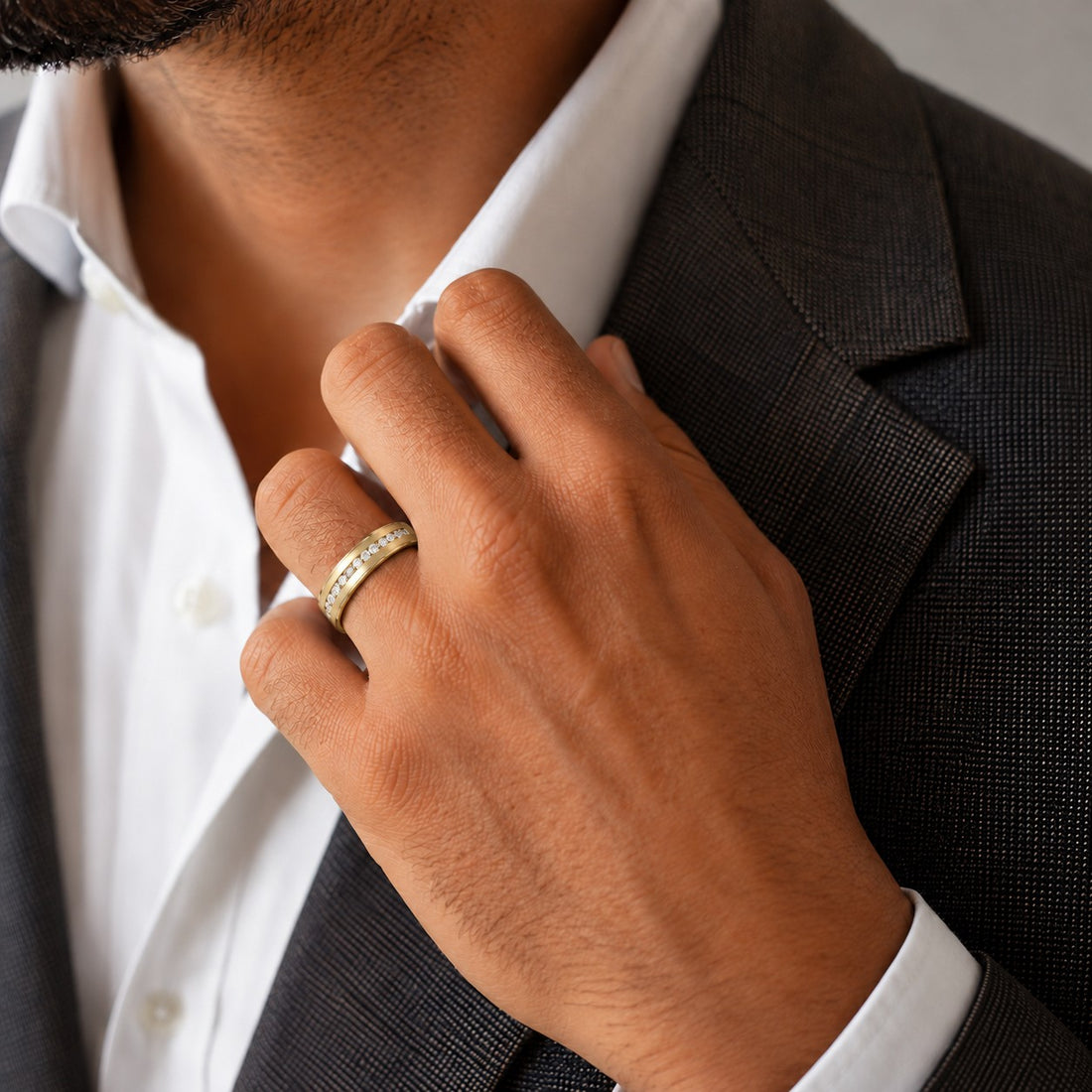 Brushed Diamond Accent Band Ring (3.5mm) in yellow gold, wearing