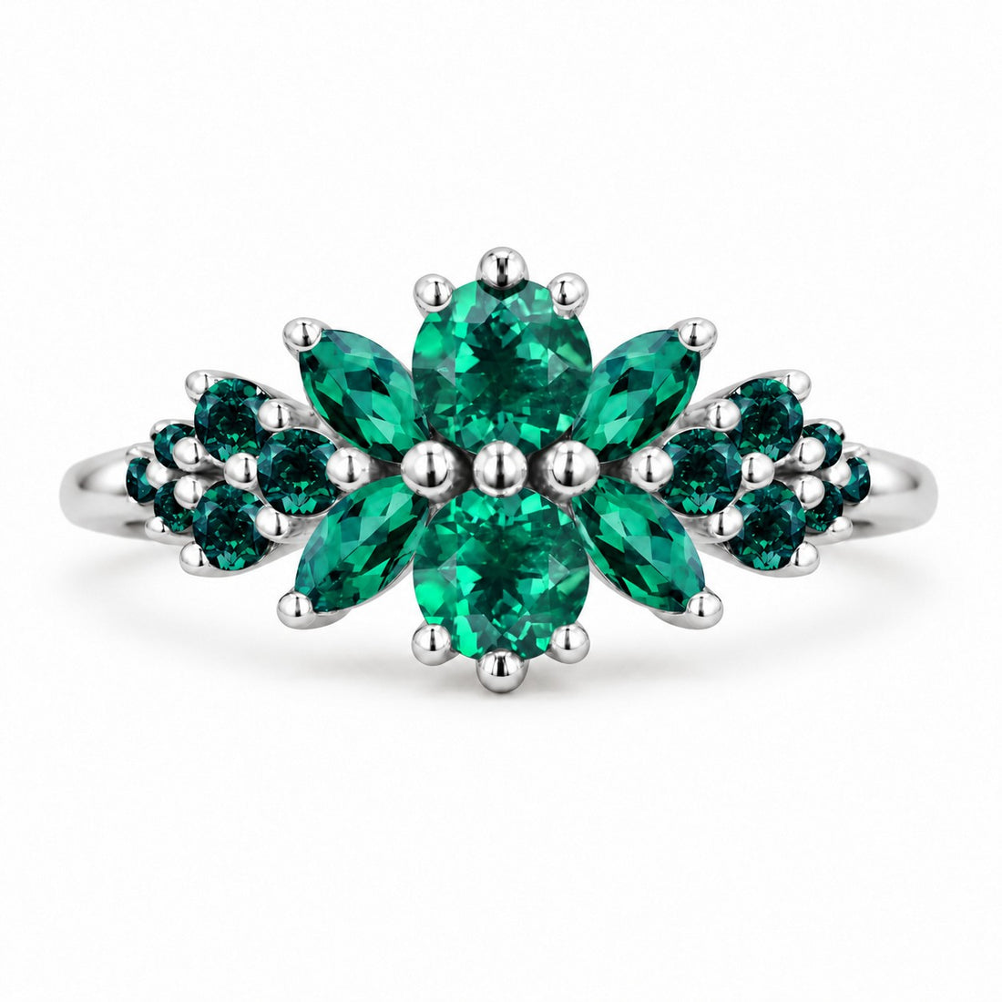 Roseraie Colombian Emerald & Diamond Ring in 14K white gold, view 1