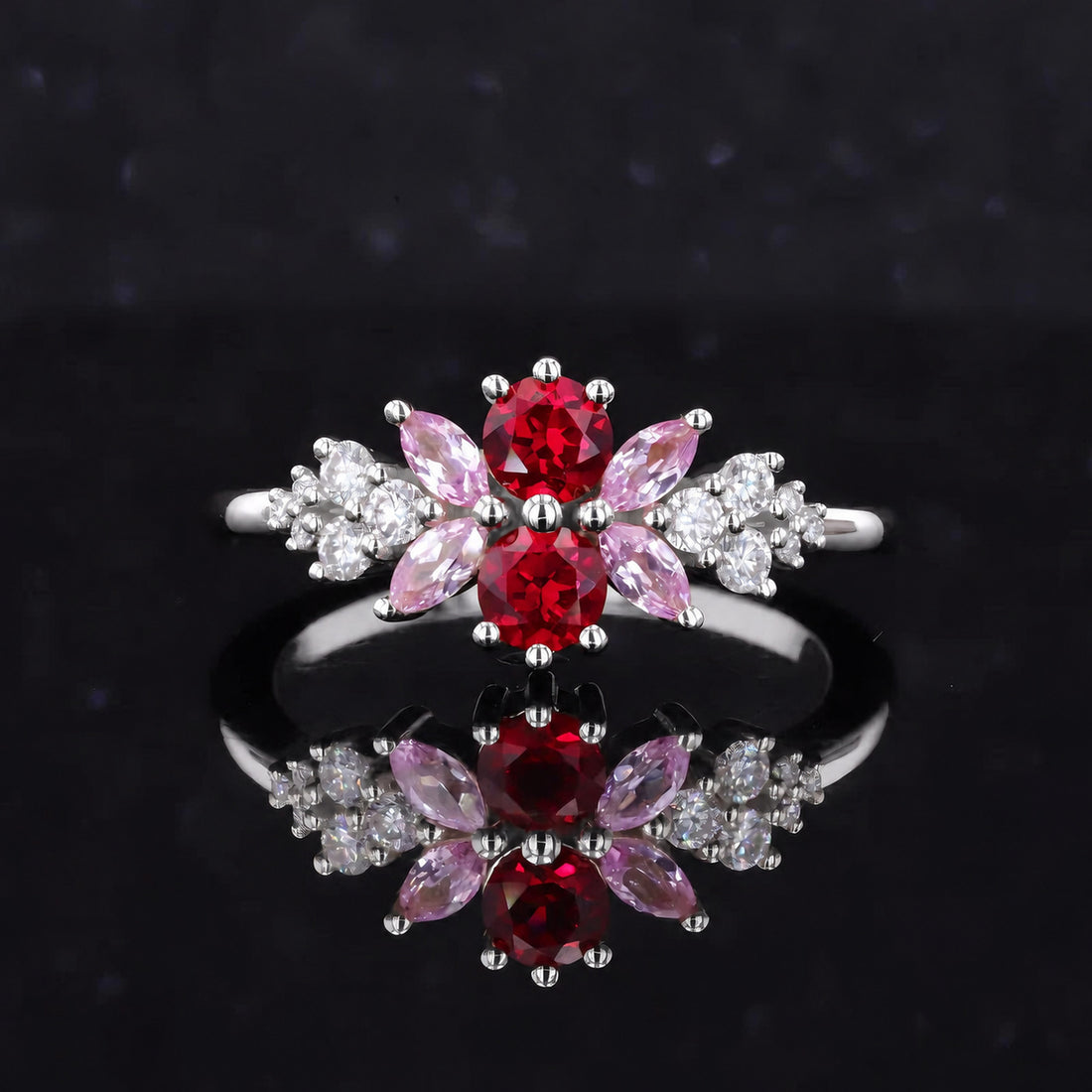 Roseraie Ruby, Diamond & Pink Sapphire Ring in 14K white gold, view 3