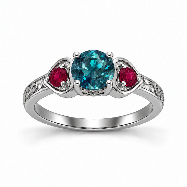 The Roserie — Alexandrite & Ruby Three-Stone Ring in platinum, in daylight