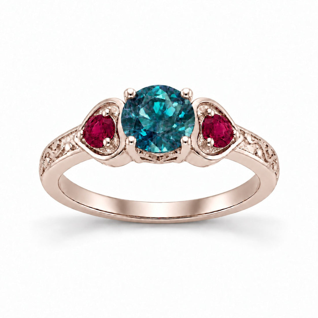 The Roserie — Alexandrite & Ruby Three-Stone Ring in 14K rose gold, in daylight
