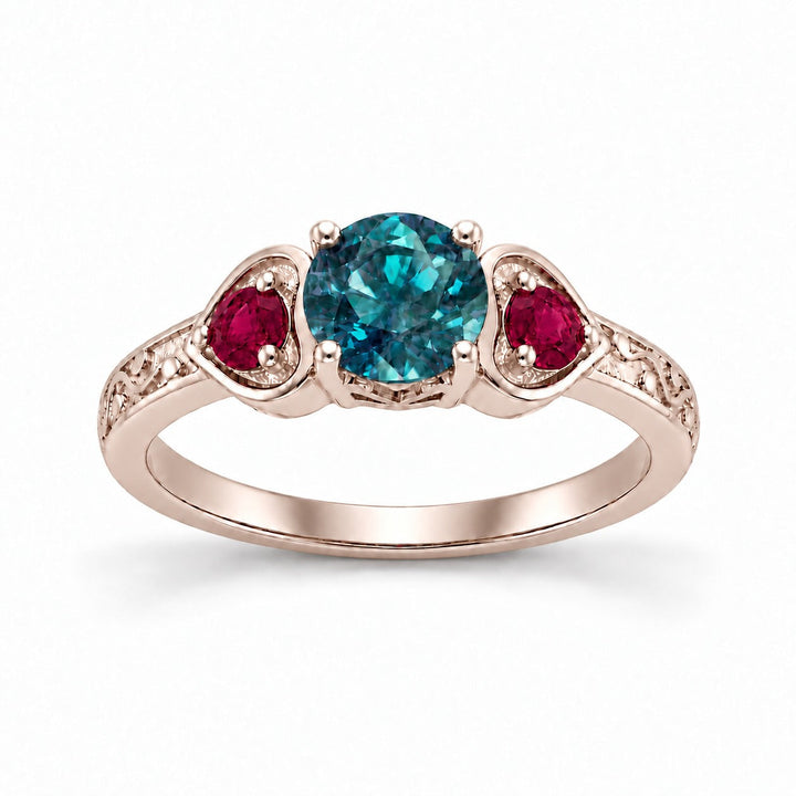 The Roserie — Alexandrite & Ruby Three-Stone Ring in 14K rose gold, in daylight