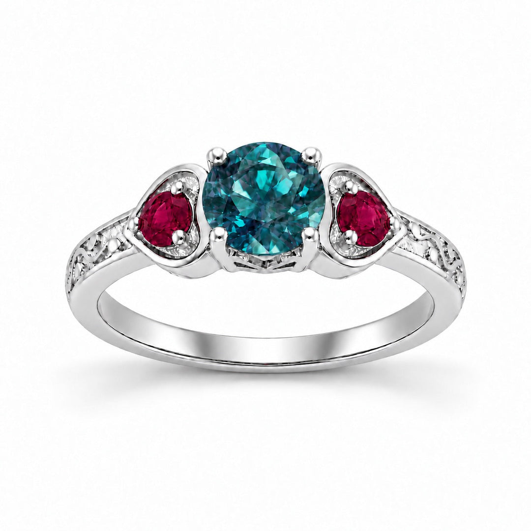 The Roserie — Alexandrite & Ruby Three-Stone Ring in 14K white gold, in daylight