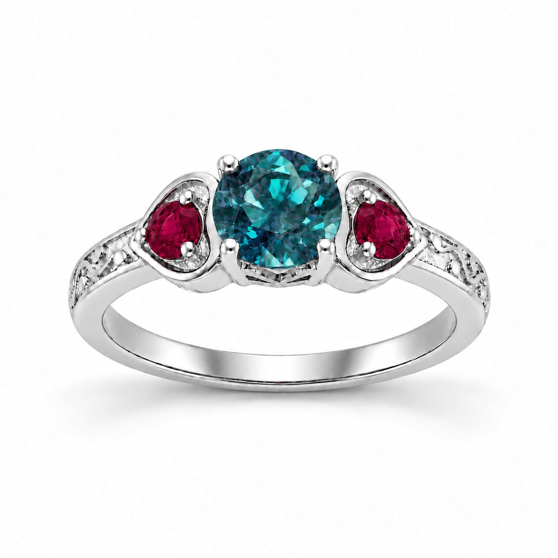 The Roserie — Alexandrite & Ruby Three-Stone Ring in 14K white gold, in daylight