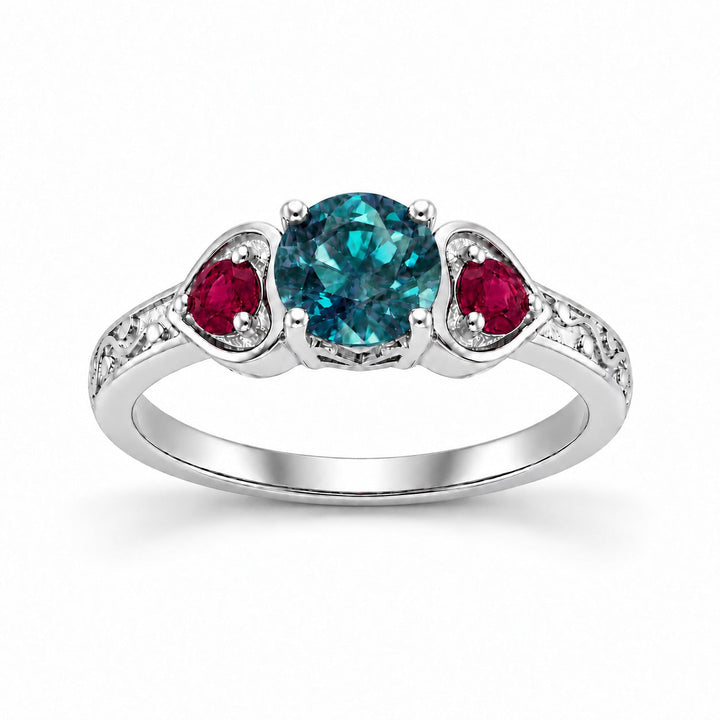 The Roserie — Alexandrite & Ruby Three-Stone Ring in 14K white gold, in daylight