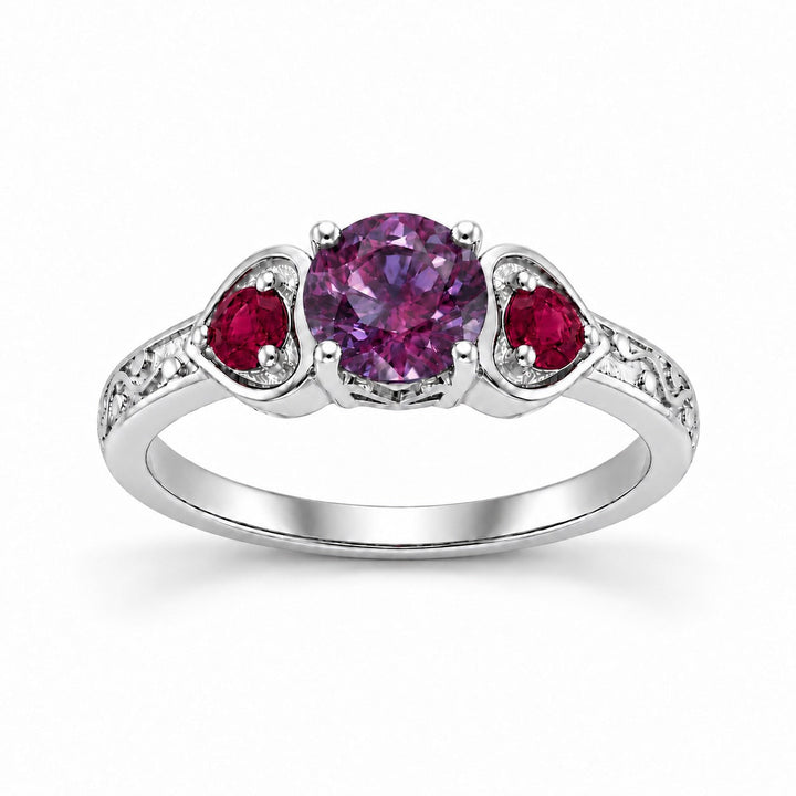 The Roserie — Alexandrite & Ruby Three-Stone Ring in 14K white gold, in warm light