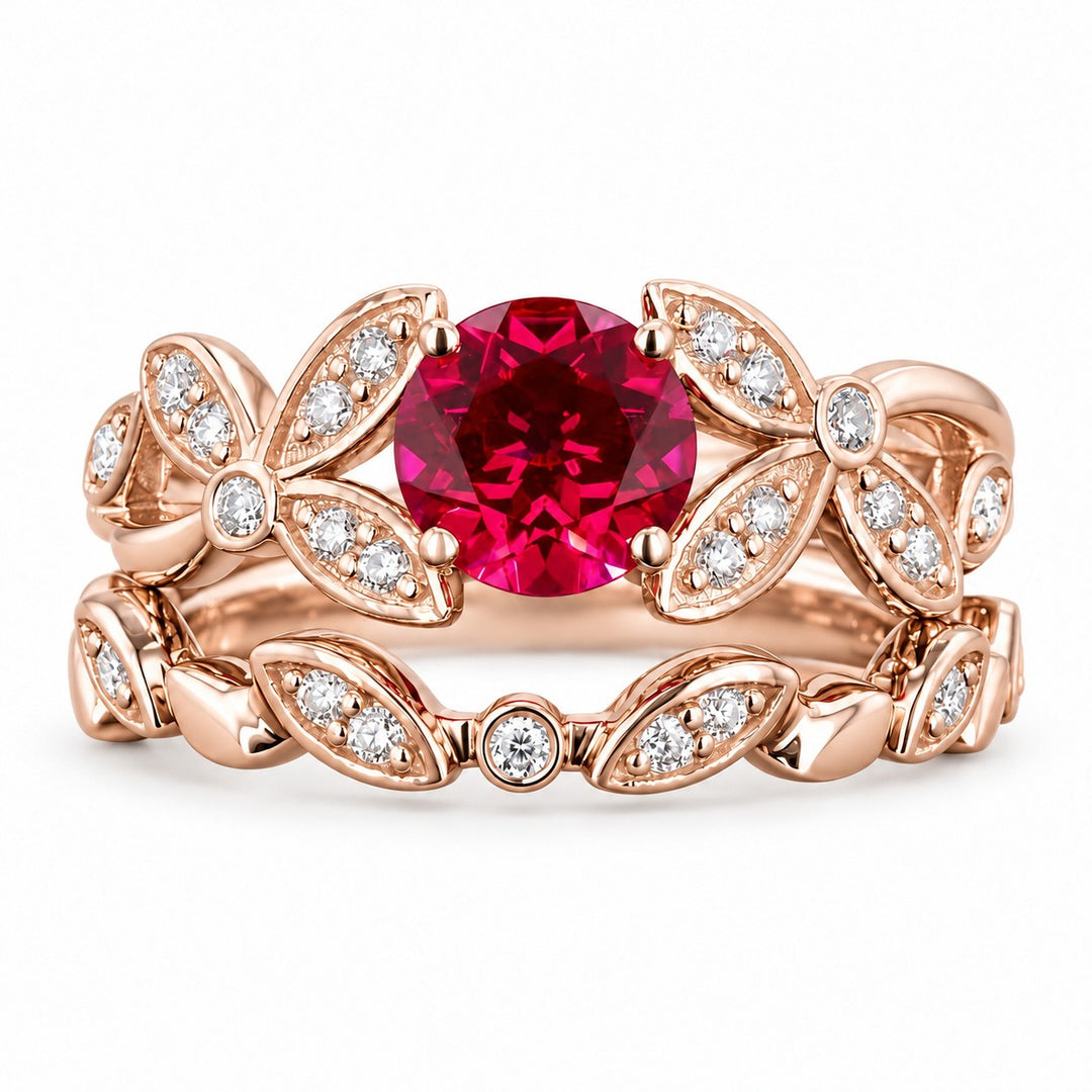 Round Lab Ruby Floral Ring & Stacking Band Set — 1.00ct in rose gold