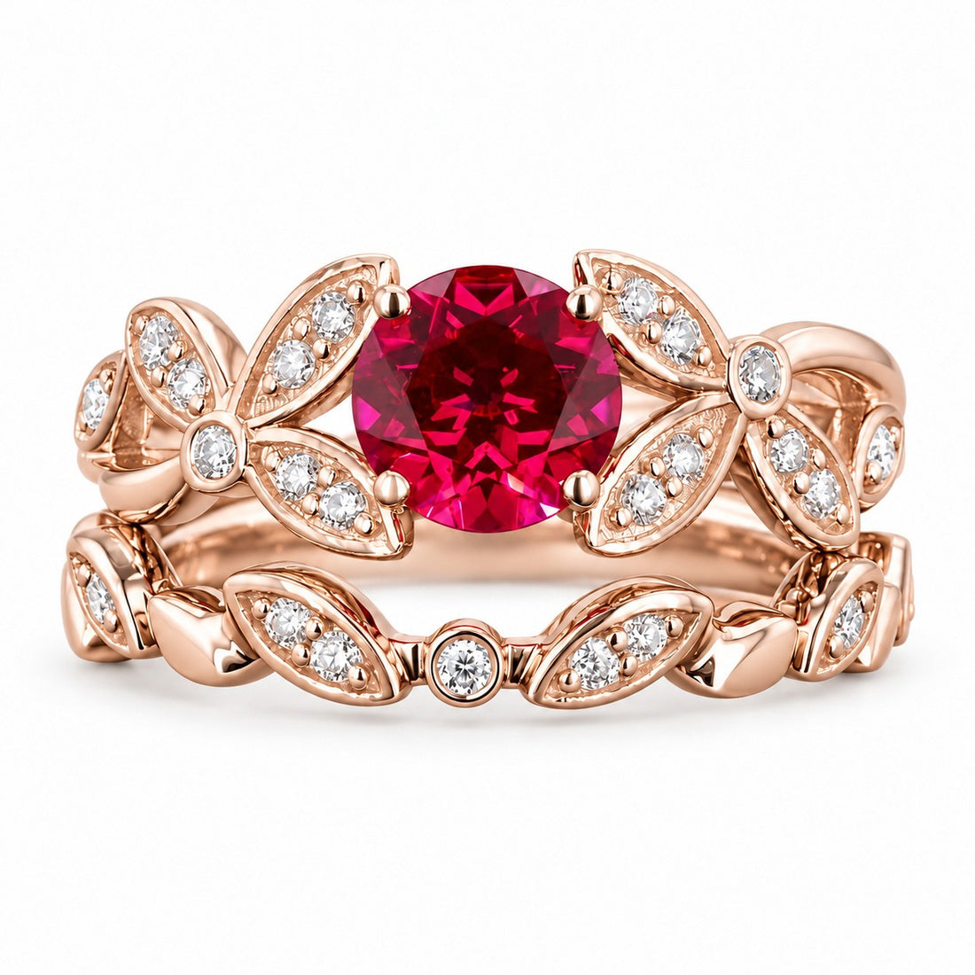 Round Lab Ruby Floral Ring & Stacking Band Set — 1.00ct in rose gold