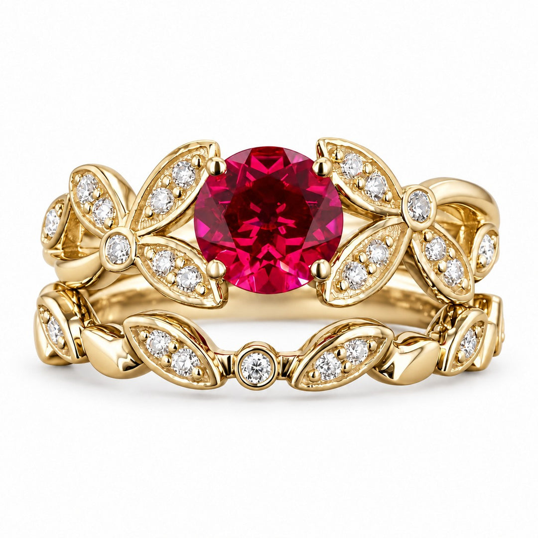 Round Lab Ruby Floral Ring & Stacking Band Set — 1.00ct in yellow gold