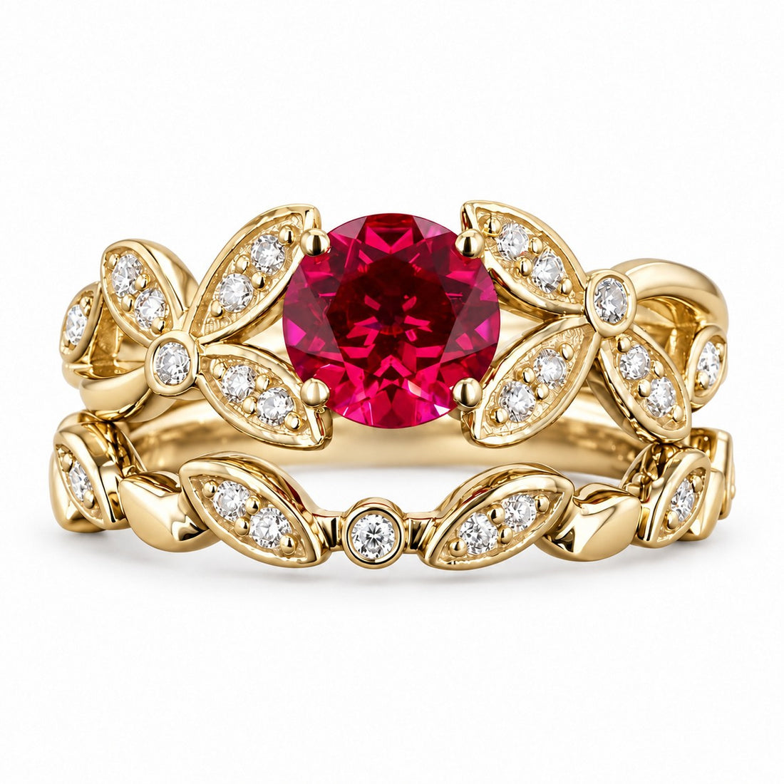 Round Lab Ruby Floral Ring & Stacking Band Set — 1.00ct in yellow gold