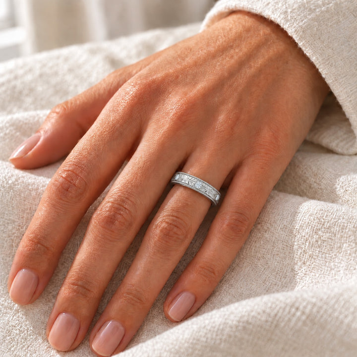 Hand-Carved Diamond Vintage Solid Gold Band (3mm) in white gold, on the hand