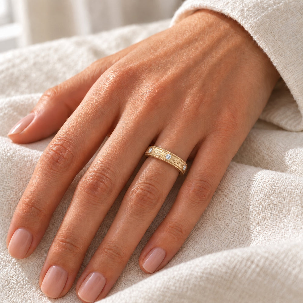 Hand-Carved Diamond Vintage Solid Gold Band (3mm) in yellow gold, on the hand