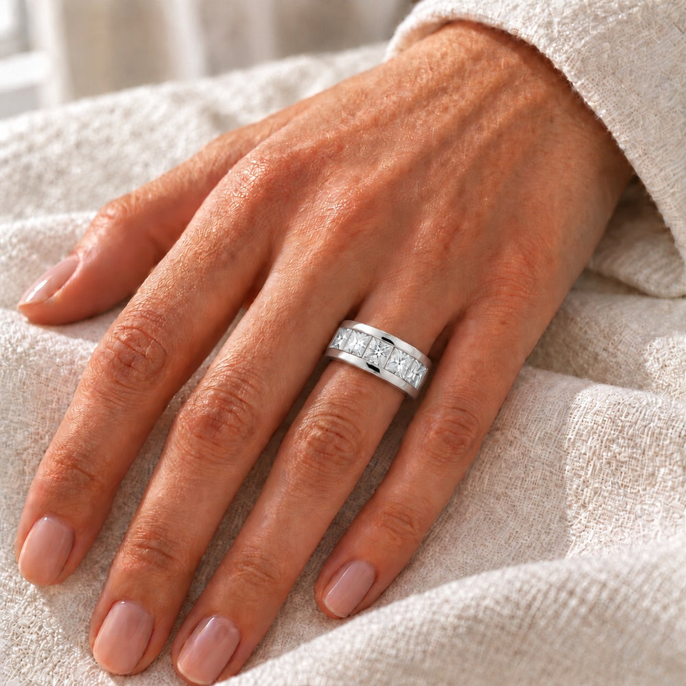 1.50ctw Princess-Cut Channel-Set Half-Eternity Band (6.5mm) in white gold, on the hand