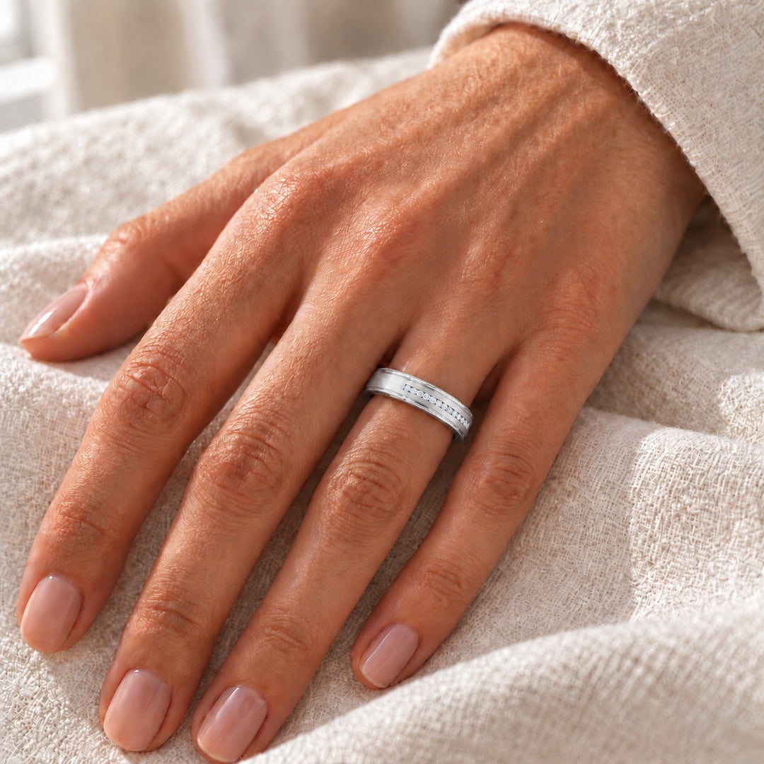 Brushed Diamond Accent Band Ring (3.5mm) in white gold, on the hand