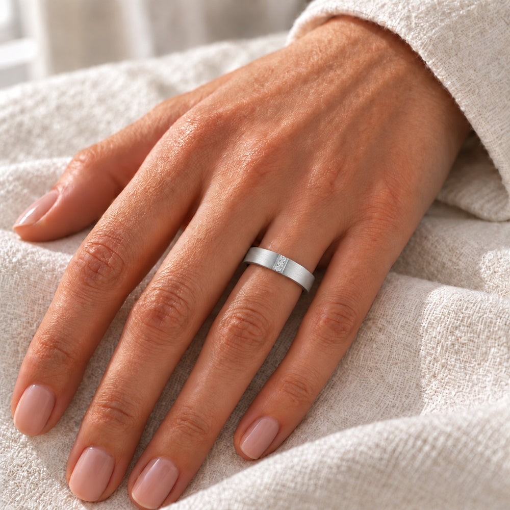 Brushed Vertical Diamond Accent Band Ring (3.5mm) in white gold, on the hand