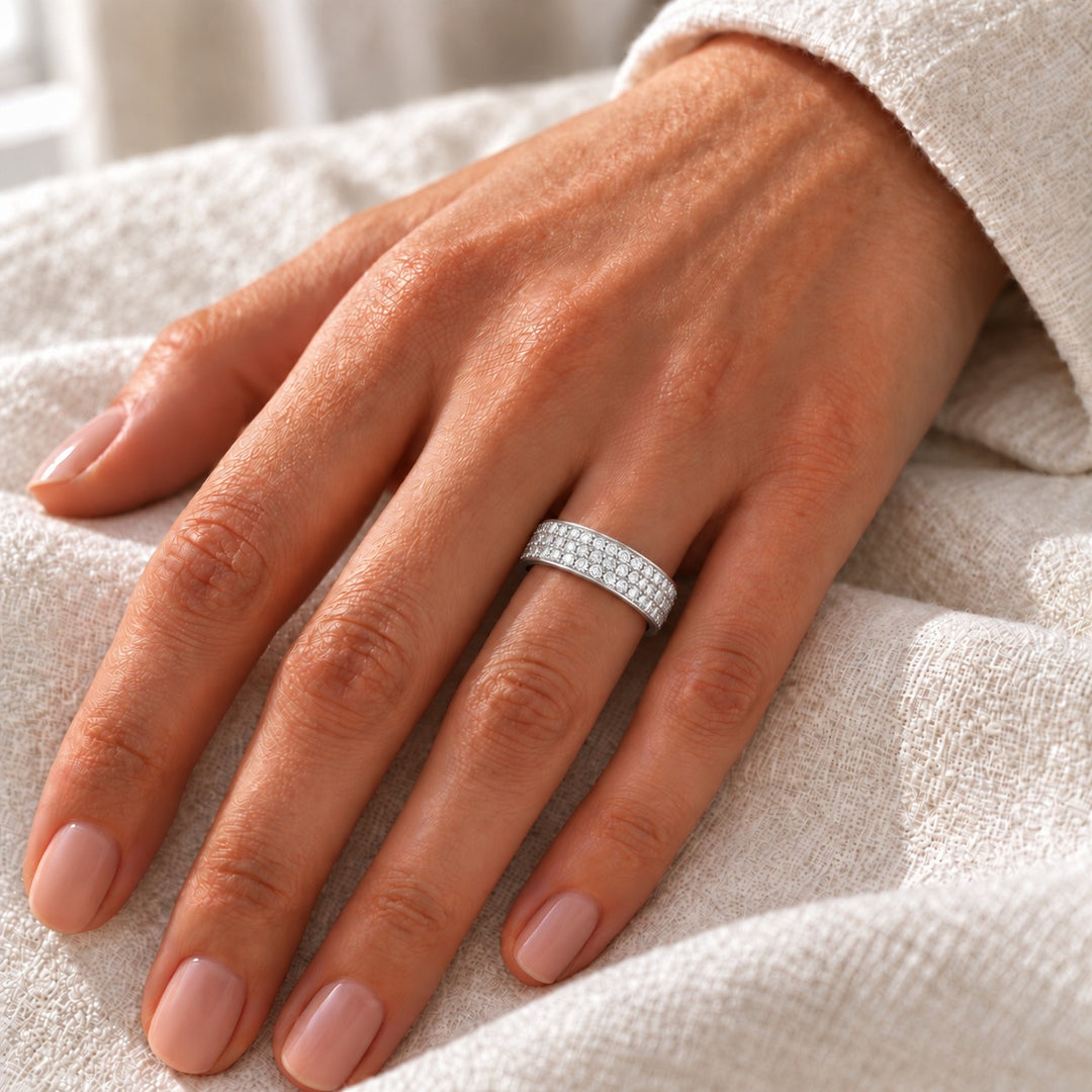 5mm Triple-Row Pavé Diamond Band in white gold, on the hand