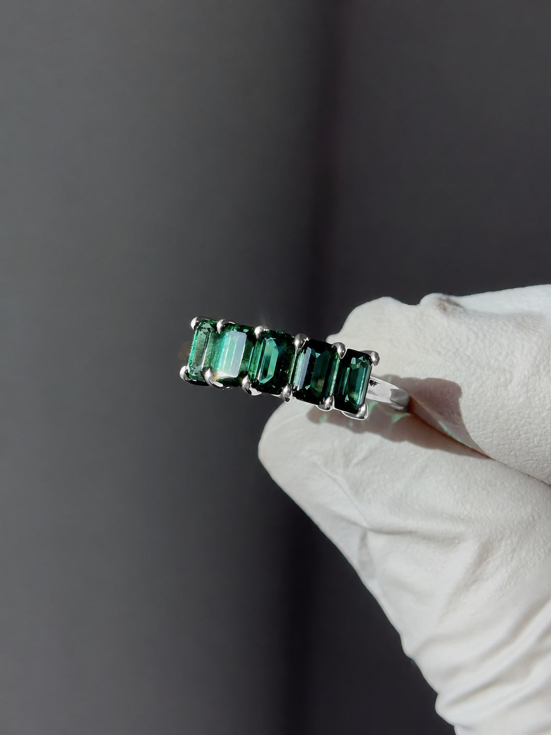 Zambian Emerald Five-Stone Ring in 14K white gold, view 4