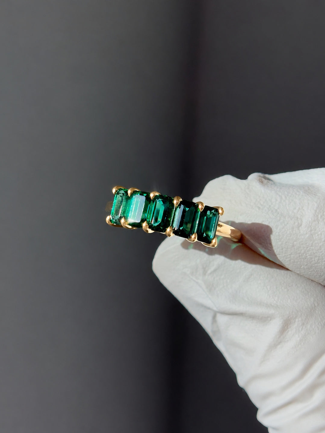 Zambian Emerald Five-Stone Ring in 14K yellow gold, view 4
