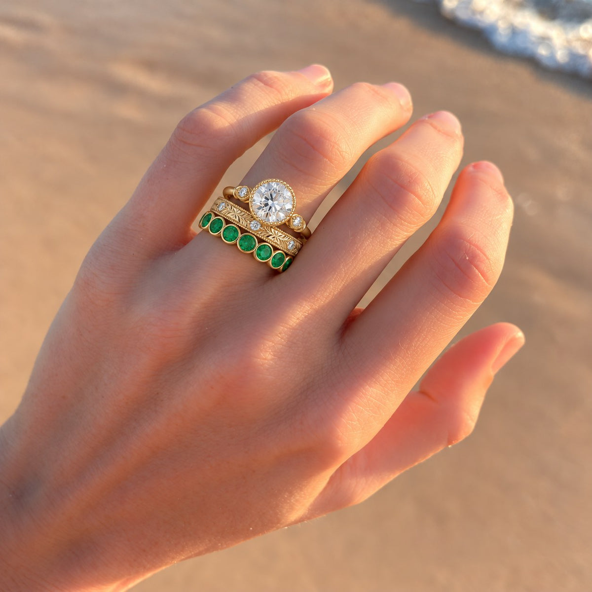 Full stack: engagement ring, wedding band and this band