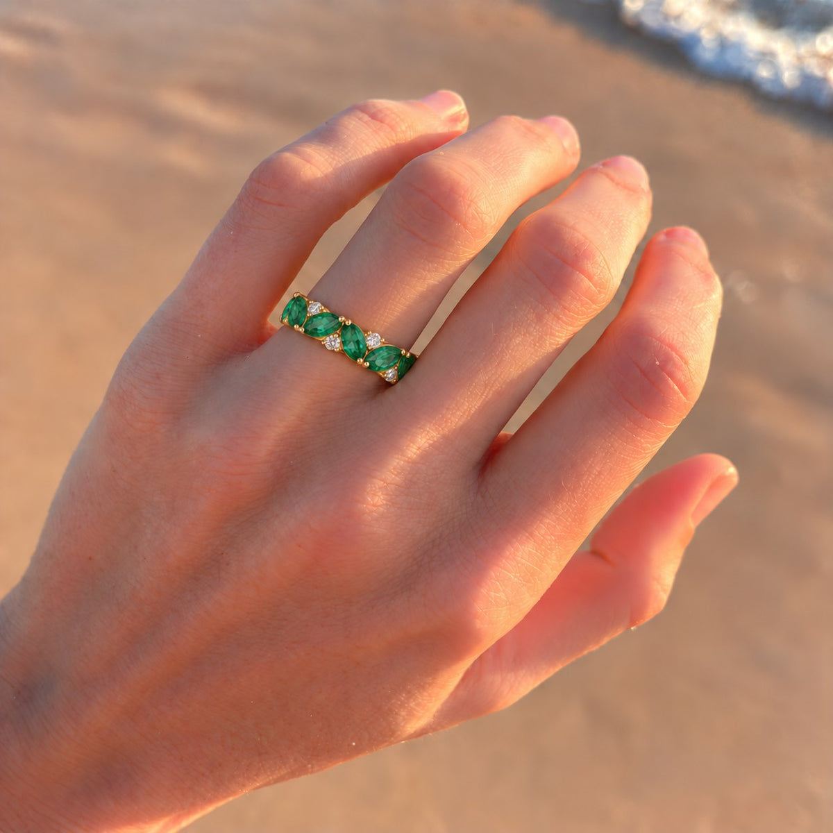 Pear Colombian Emerald & Round Diamond Eternity Band (3.5mm, 1.78ctw)