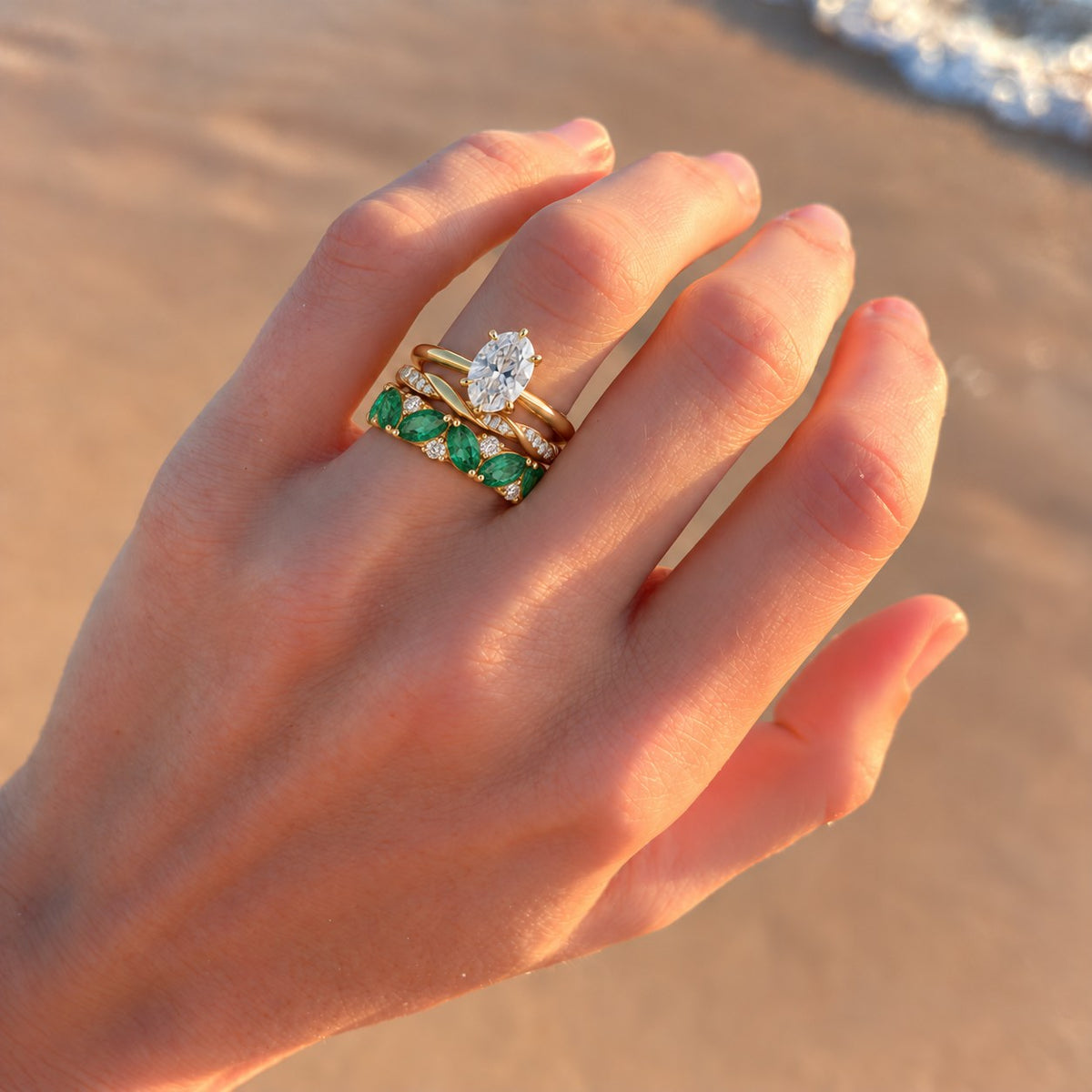 Full stack: engagement ring, wedding band and this band