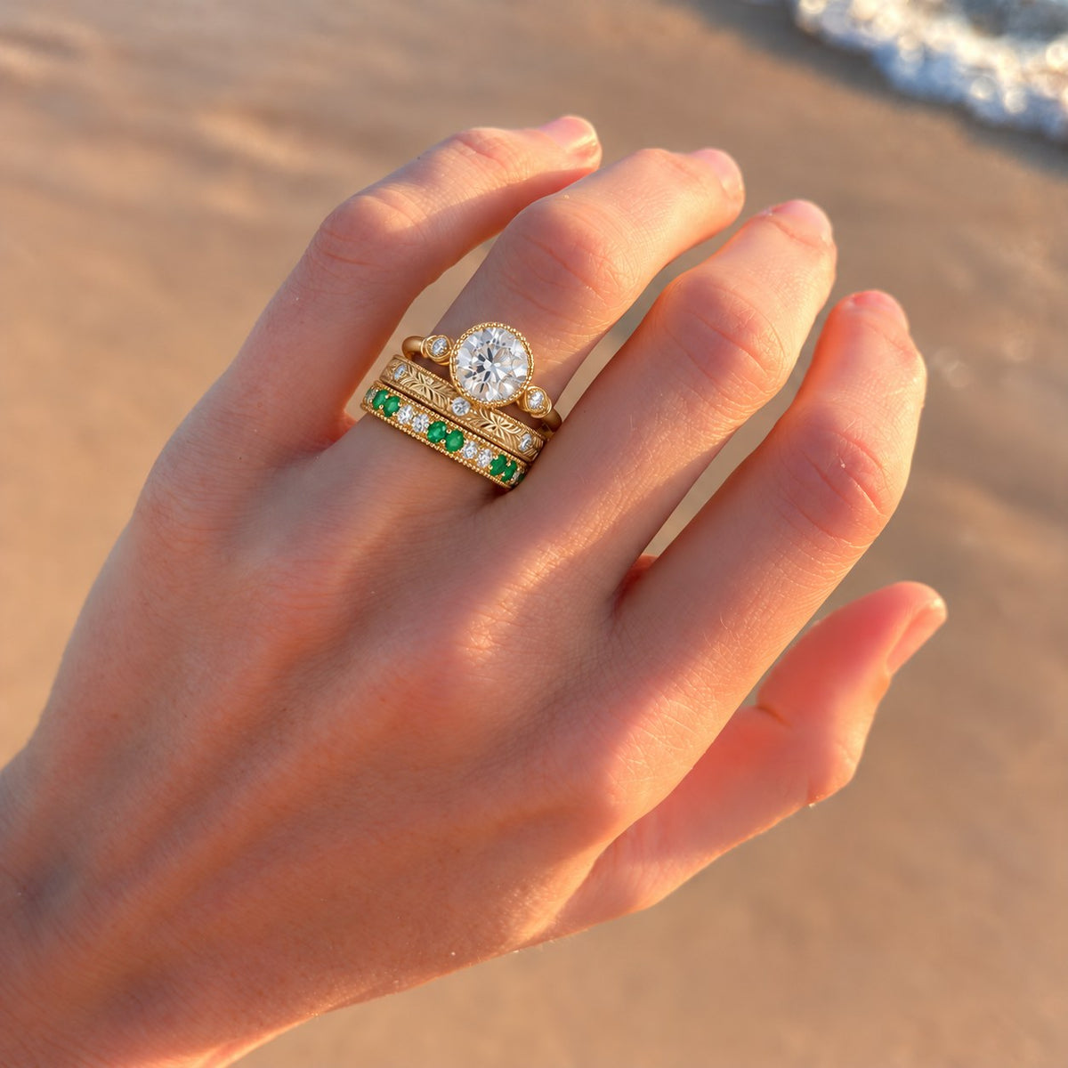 Full stack: engagement ring, wedding band and this band