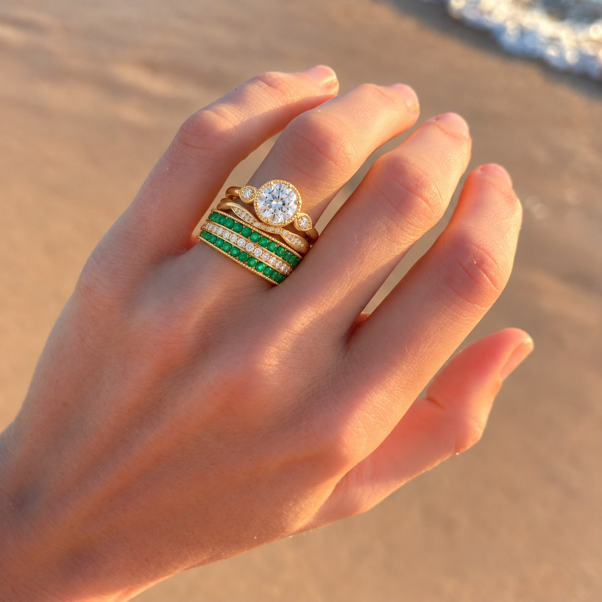 Full stack: engagement ring, wedding band and this band