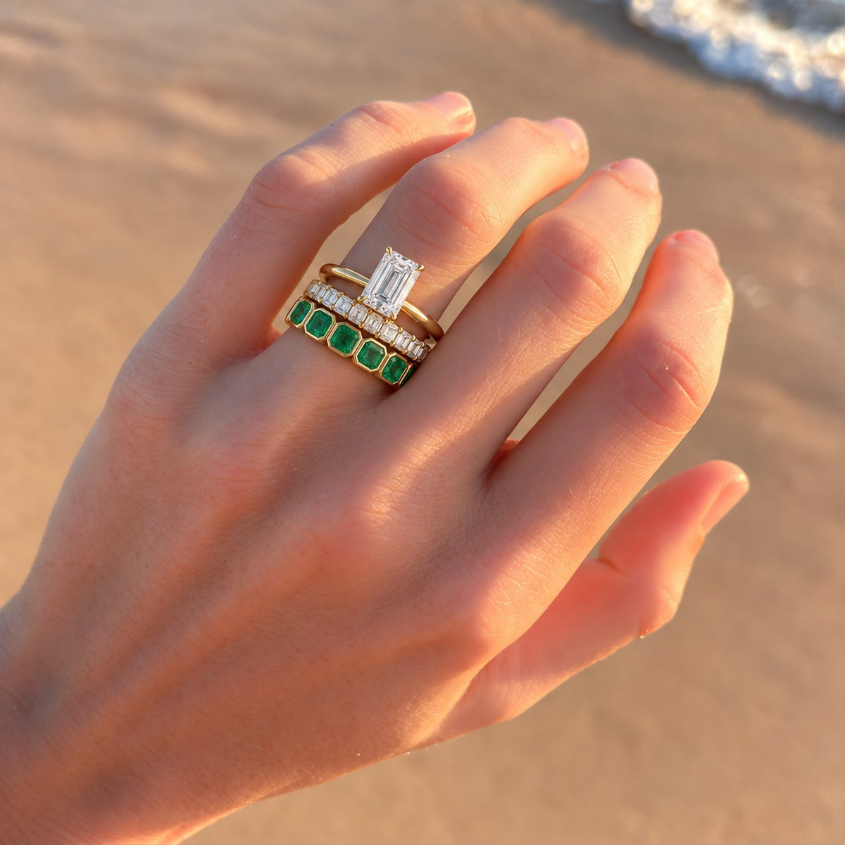 Full stack: engagement ring, wedding band and this band