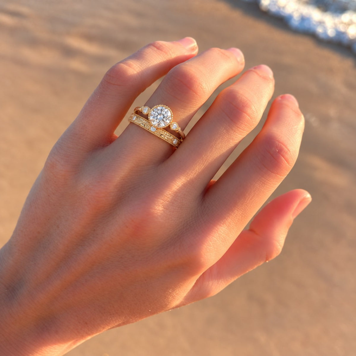 Engagement ring and wedding band paired with this band